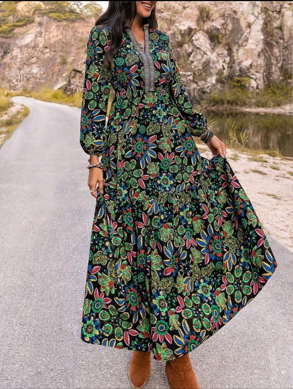 Bohemian Floral Maxi Dress - Black with Multicolor Floral - Picture 6 of 14